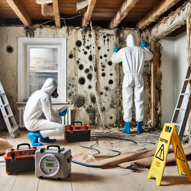A home renovation scene where parts of the walls and ceiling have been removed, revealing hidden mold growth behind surfaces. Workers in protective ge.webp